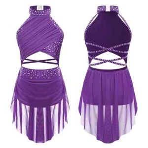 Girls Modern Lyrical Dance Dress Ballet Figure Skating Costume - Purple, 6 - Picture 1 of 7