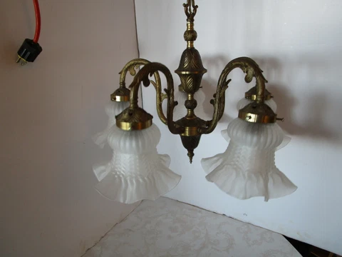 Vintage Spanish Ornate 5 Arm Brass Chandelier  5 frosted shades 15 ½” H x 20” W Cover