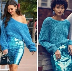 ALICE AND OLIVIA Lisha Metallic Sweater Small Blue Oversized Off Shoulder NYE - Picture 1 of 11