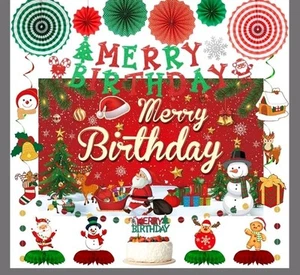 Merry Birthday/ Holiday Decorations Set Banner,Backdrop, Cake Toppers,... - Picture 1 of 10