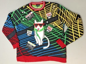 VTG 80s 90s Kitty Cool Cat Lady Knit Pullover Sweater Women XL All Over Design - Picture 1 of 13