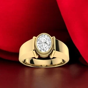 Anillo de compromiso de oro amarillo de 14 quilates para hombre creado en laboratorio diamante ovalado banda de 0,70 quilates - Imagen 1 de 9