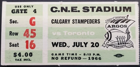 1966 C.N.E. Stadium Calgary Stampeders vs Toronto Argonauts CFL Football Ticket Cover