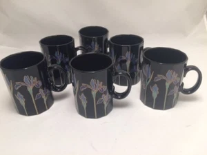 LOT OF 6 OTAGIRI BLUE IRIS COFFEE MUG CUP SET OF SIX Black Floral 12 Sided Japan - Picture 1 of 12