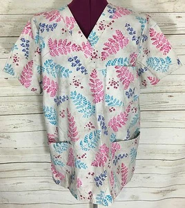 SB Khaki Pink Blue Leaves Fronds Medical Veterinary Scrub Top Shirt Size M - Picture 1 of 4