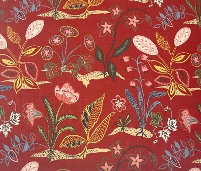 DURALEE ADELE RED GREEN FLORAL LEAF DRAPERY MULTIUSE LINEN FABRIC BY YARD 54"W - Image 1 of 4
