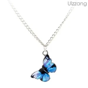 Fashion Butterfly Pendant Dark Blue Necklace Rhinestone Sweater Chain Women - Picture 1 of 8