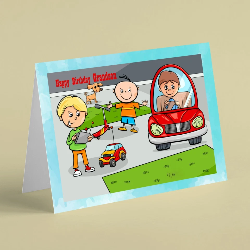 Niños jugando con juguetes tarjeta de cumpleaños nieto  Foto 1 de 1