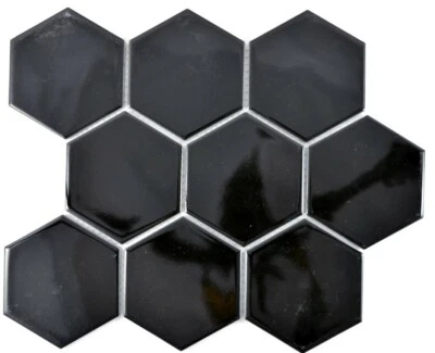 Ceramic Mosaic Tiles Hexagon Kitchen Bad Wall Glossy Black WB11F-0301 - Image 1 of 4