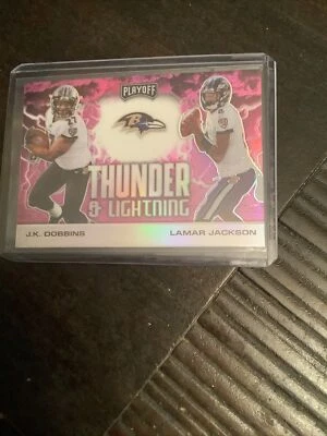 2020 PANINI PLAYOFF  THUNDER AND LIGHTNING PINK J.K. DOBBINS LAMAR JACKSON TL-1 - Image 1 of 2