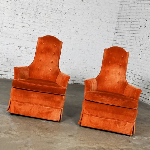 1960-1970’s Lounge Club Chairs Hollywood Regency High Back Orange Velvet a Pair Cover