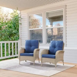 Gymojoy Outdoor Lounge Chair 30" UV-Protected teel Wicker Grey w/ Blue Cushions - Picture 1 of 7
