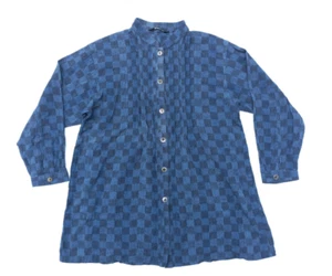 Giemon Kurume Japanese Fabric Blue Long Sleeve Blouse Japan - Picture 1 of 12
