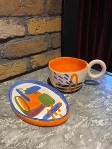 Vintage Handarbeit Keramik Becher Tasse handbemalt Kunst Design Steingut Keramik - Bild 1 von 10