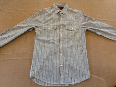 Camisa social manga longa Perry Ellis pequena slim fit azul marrom listra branca - Imagem 1 de 4