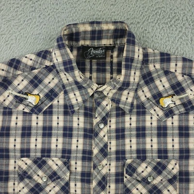 Camisa Fender Para Hombres Mediana Azul Beige Cuadros Western Pearl Guitarra a Presión Bordada Foto 1 de 4