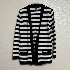 Anne Klein Navy Blue & White Striped Cardigan Open Front Pockets Knit Sweater M - Picture 1 of 7