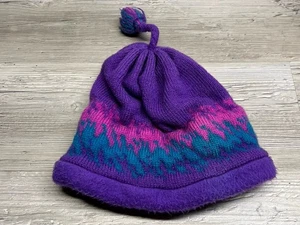 Vintage Turtle Fur Wool Blend Beanie Classic Alpine Pattern Purple Tassle Pom - Picture 1 of 4