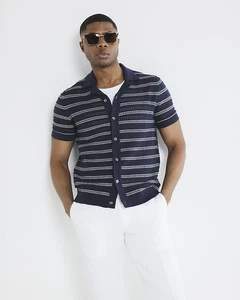 River Island Mens Shirt Navy Striped Textured Collared Short Sleeve Top - Picture 1 of 7