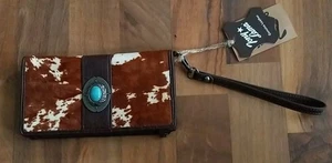 Tony Lama Women’s Open Face Cow Hide Wristlet Wallet Western Brown White Hair - Picture 1 of 5