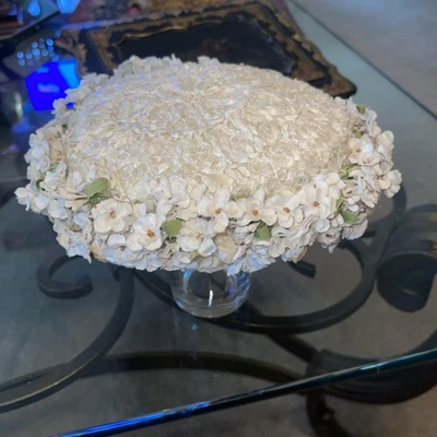   Vintage Cream Straw Pillbox Hat With Flowers  - Image 1 of 4