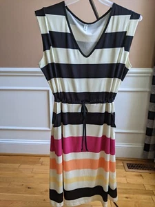 black & Ivory Stripe Tie-Waist Vneck cap sleeve dress - Picture 1 of 6