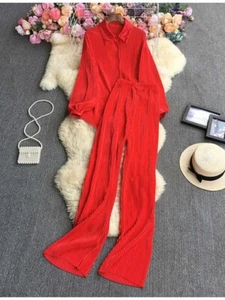 Ladies Two-Piece Set Blouse-Palazzo Large Red Collared Wide Leg Hi-Rise Elastic - Picture 1 of 16