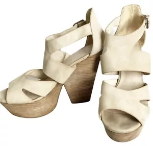 Topshop Women’s Beige Suede Wood Wedge Platform Heels Sandals Shoes Size 7 - Picture 1 of 12