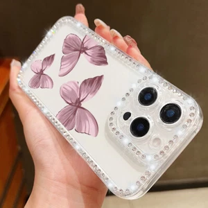 Custodia telefono per iPhone 16e 16 Pro Max 15 14 13 12 11 farfalla TPU diamantata cover - Foto 1 di 21