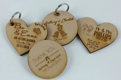 WEDDING WOODEN HEARTS ROUND TAGS BOMBONIERE THANKYOU FAVOURS GIFT LASER ENGRAVED - image 1 of 4