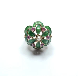French Enamel Ring Vintage Ruby Pearl 14k Cocktail Ring - Picture 1 of 6