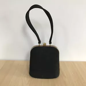 Small Vintage Black Grosgrain Fabric Framed Handbag Evening Bag 11x11x8cm - Picture 1 of 12