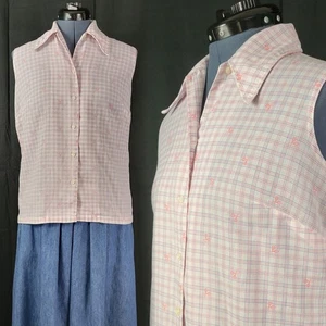 Vtg Ship'N Shore White/Blue/Pink Tennis Plaid Sleeveless Collared Top Size 14 - Picture 1 of 19