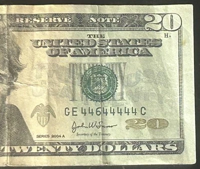 (NEAR SOLID!) $20 Binary Near Solid 7 Of A Kind Fancy Serial Number GE44644444C - Image 1 of 3