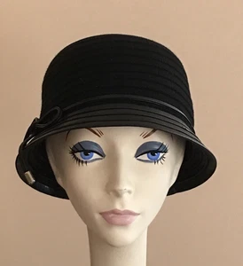 NWT! Lemon Helen's Hats Designer Cloche Hat BLACK Wool Felt w Faux Leather Brim - Picture 1 of 2