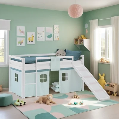 Lit mezzanine d'enfant 90x200 avec toboggan lit surélevé vert menthe Homestyle4u - Photo 1/4