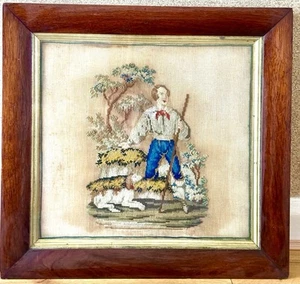 Antique Folk Art Needlepoint Woolwork Of Shepherd With Dog 1850 - Picture 1 of 3