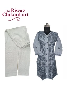 Set Kurti Chikankari Grigio Cotone con Pantaloni | Kurti Ricamato Fatto a Mano da Donna - Foto 1 di 8