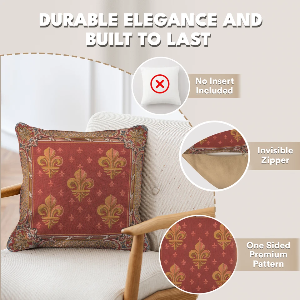 Lys flower In Red Jacquard French Tapestry Cushion Pillow Covers New 19x19 inch - Image 1 of 4