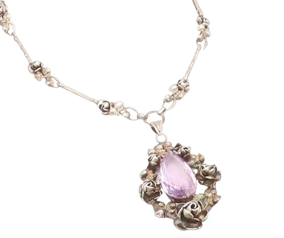 Collar Vintage Plata de Ley 925 ALEMANIA Amatista Tallada Floral Rosa NE4712 Foto 1 de 4