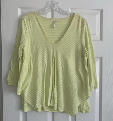 Lulu B Top Womens S Yellow Cotton Stripe Tunic V Neck Pleated Layered Lagenlook - Image 1 of 4