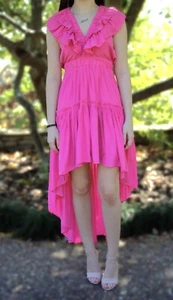 Mustard Seed Hot Pink Ruffle Asymmetrical Hemline Cap Sleeve Dress NEW Large - Picture 1 of 5