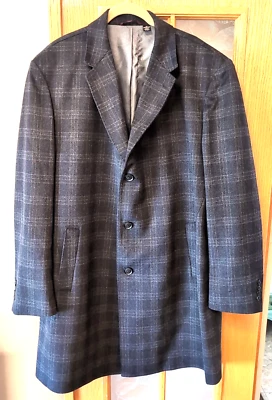 48R Pronto Uomo Black-Gray Plaid /Wool-Blend Single-Breasted Overcoat Top Coat - Image 1 of 4