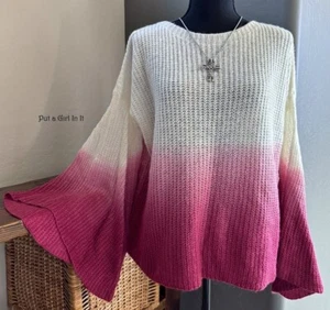 Womens PINK BURGUNDY WINE OMBRE TIE DYED BOHO BELL SLEEVE SWEATER S M L HIPPIE - Picture 1 of 7