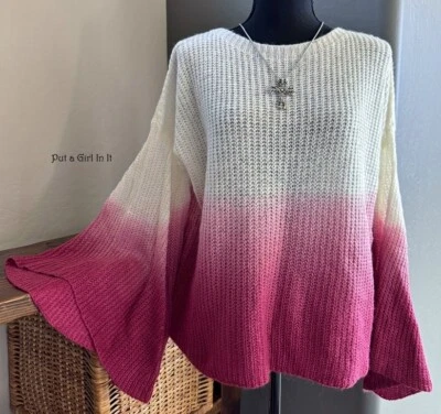 Womens PINK BURGUNDY WINE OMBRE TIE DYED BOHO BELL SLEEVE SWEATER S M L HIPPIE - Image 1 of 4