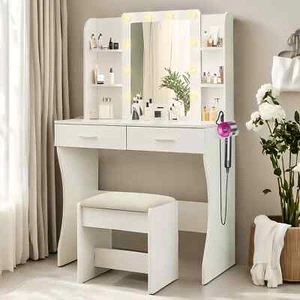 Vanity Desk w/Cushioned Stool Dressing Table Set w/Storage Shelves,Power Outlet - Picture 1 of 7