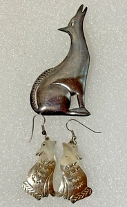 Sterling Silver Howling Wolf Dangle Earrings & a Howling Wolf Pin Brooch - Picture 1 of 9