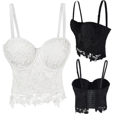 UK Floral Bralette Crop Top Bra Party Casual Strappy Corset Bustier Vest Tank bl - Image 1 of 4