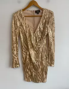 AX Paris Dress Womens Size 10 Gold Sequin Long Sleeve Shoulder Pads Party Lined - Picture 1 of 8