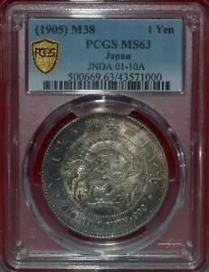 1905 M38 JAPAN 1 YEN SILVER DRAGON DOLLAR PCGS MS63 - Picture 1 of 4